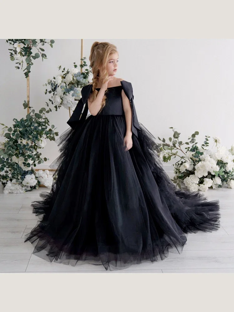 Robe de demoiselle d'honneur élégante noire personnalisée pour mariage avec nœud, longueur au sol en fibre, fête d'anniversaire pour enfants, boule de princesse, quoi que ce soit