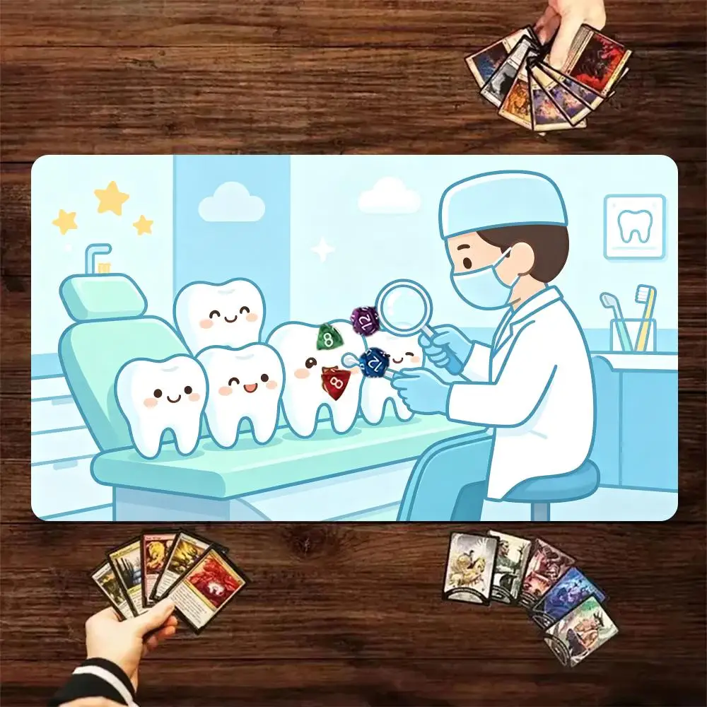 Cute Dentist Examining Teeth TCG Playmat Dental Clinic Trading Card Desk Mat Non‑Slip Rubber Mouse Pad For Card Game Players