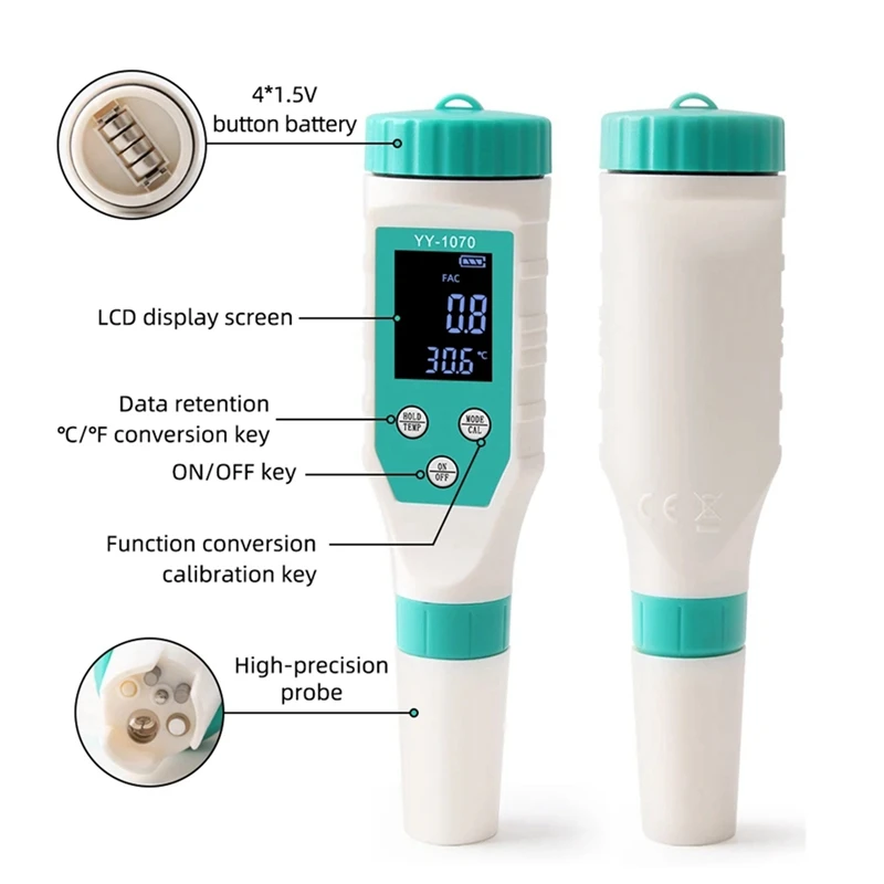 7-In-1 PH/Free Chlorine/ORP/EC/TDS/Salinity/Temp Water Quality Analyzer PH Meter Pool Salt Tester For Aquarium