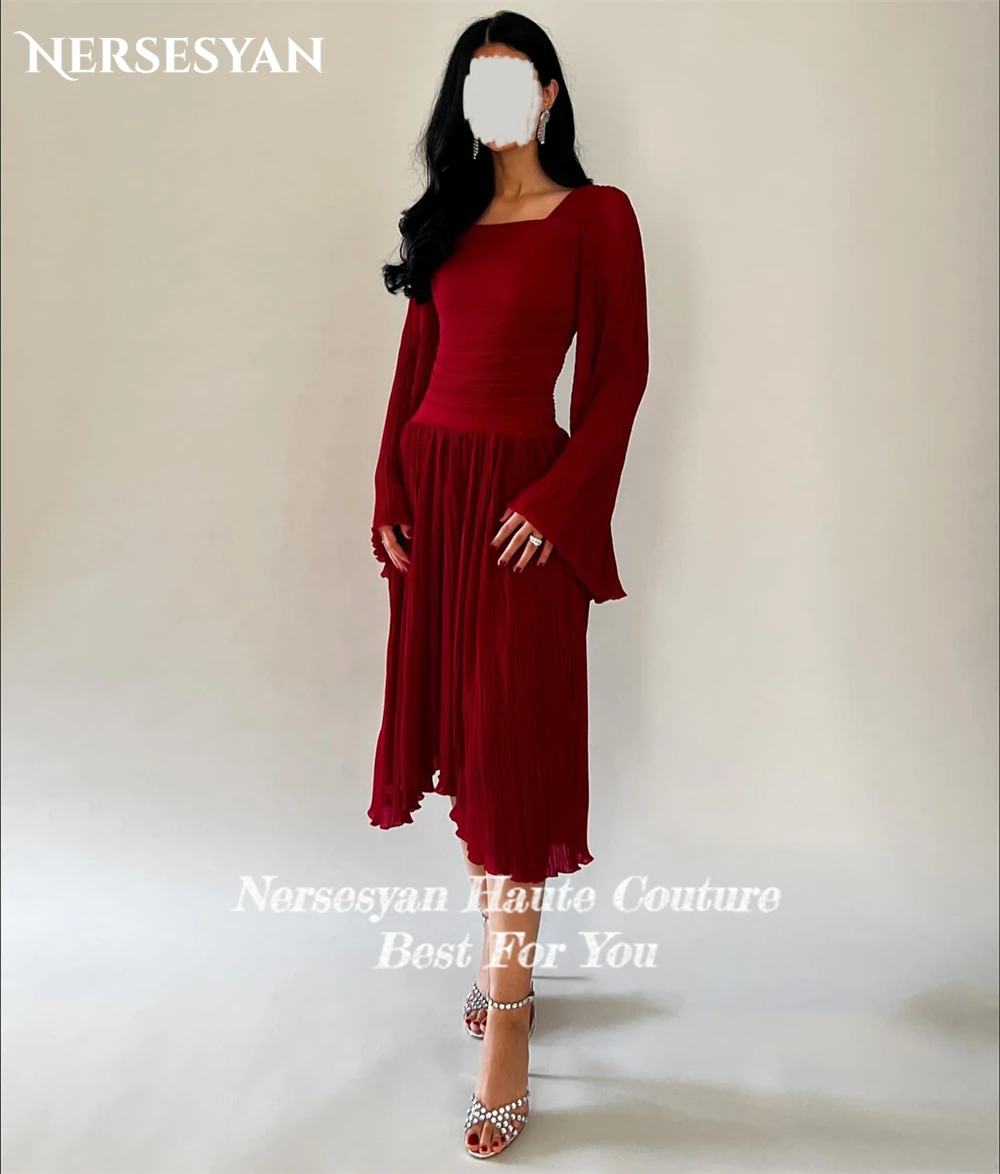 Nersessuperb-Robe de Soirée Élégante de Couleur Bordeaux, Tenue de Bal de Forme Trapèze, Plissée, Manches Évasées, Longueur Thé, Arabie Saoudite