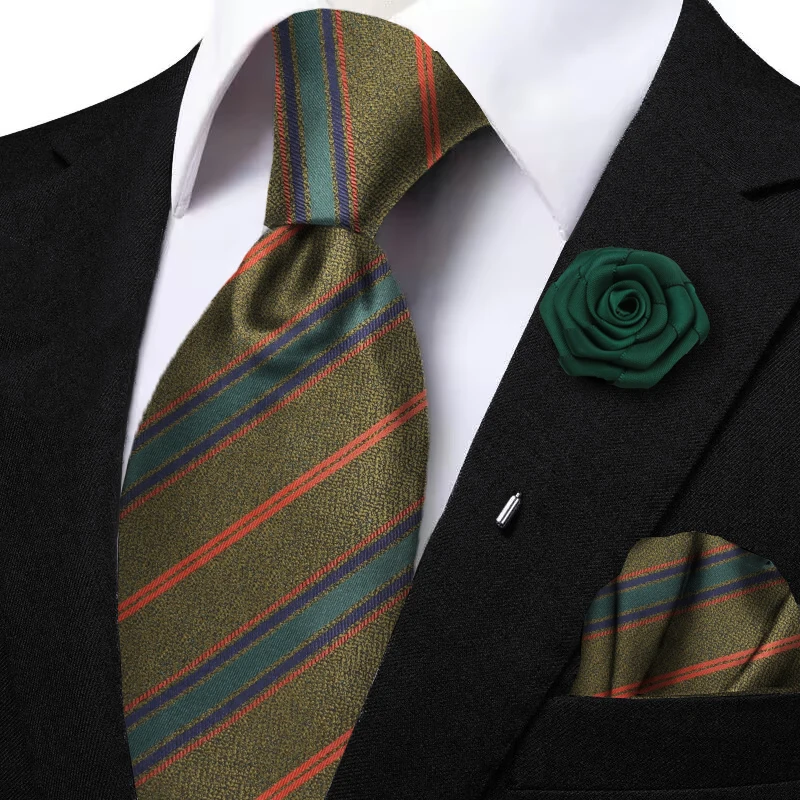 Ensemble de Cravates à Rayures Rouges pour Homme, Pochette Gracieuse Verte, Carré Papillon, Fleur, Broche, 03/Casual, Tenue Trempée, Ornement de Robe, Nouvelle Collection