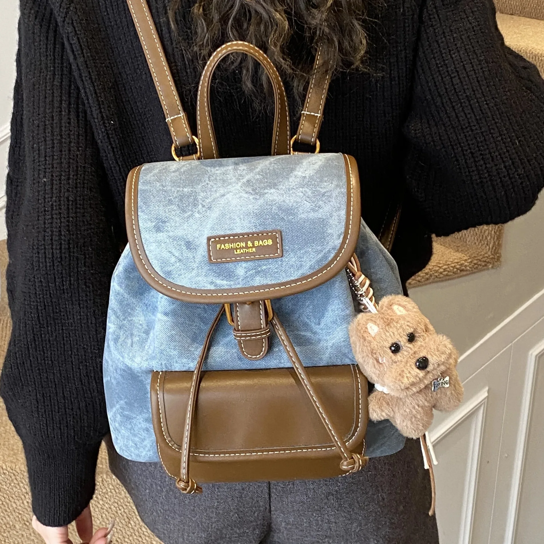 

Fashionable Denim Backpack For Women Retro Color Block Large Capacity Casual Travel Bag Trendy Stylish New Model Leisure Leisure