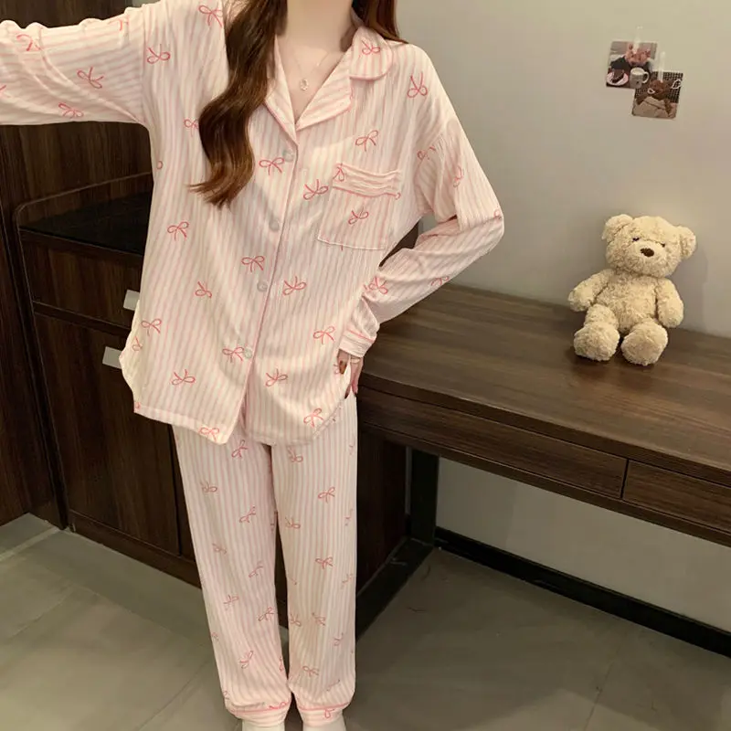 Femmes pyjamas ensemble printemps automne loisirs vêtements de nuit à manches longues pantalon revers doux nœud papillon rayé imprimé Homewear femme vêtements de détente