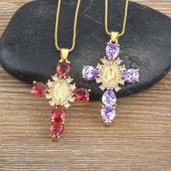 Nidin Hot Selling Women Hip-hop Punk Style Zircon Cross Virgin Mary Pendant Necklace Fashion Sweater Chain Personalized Jewelry