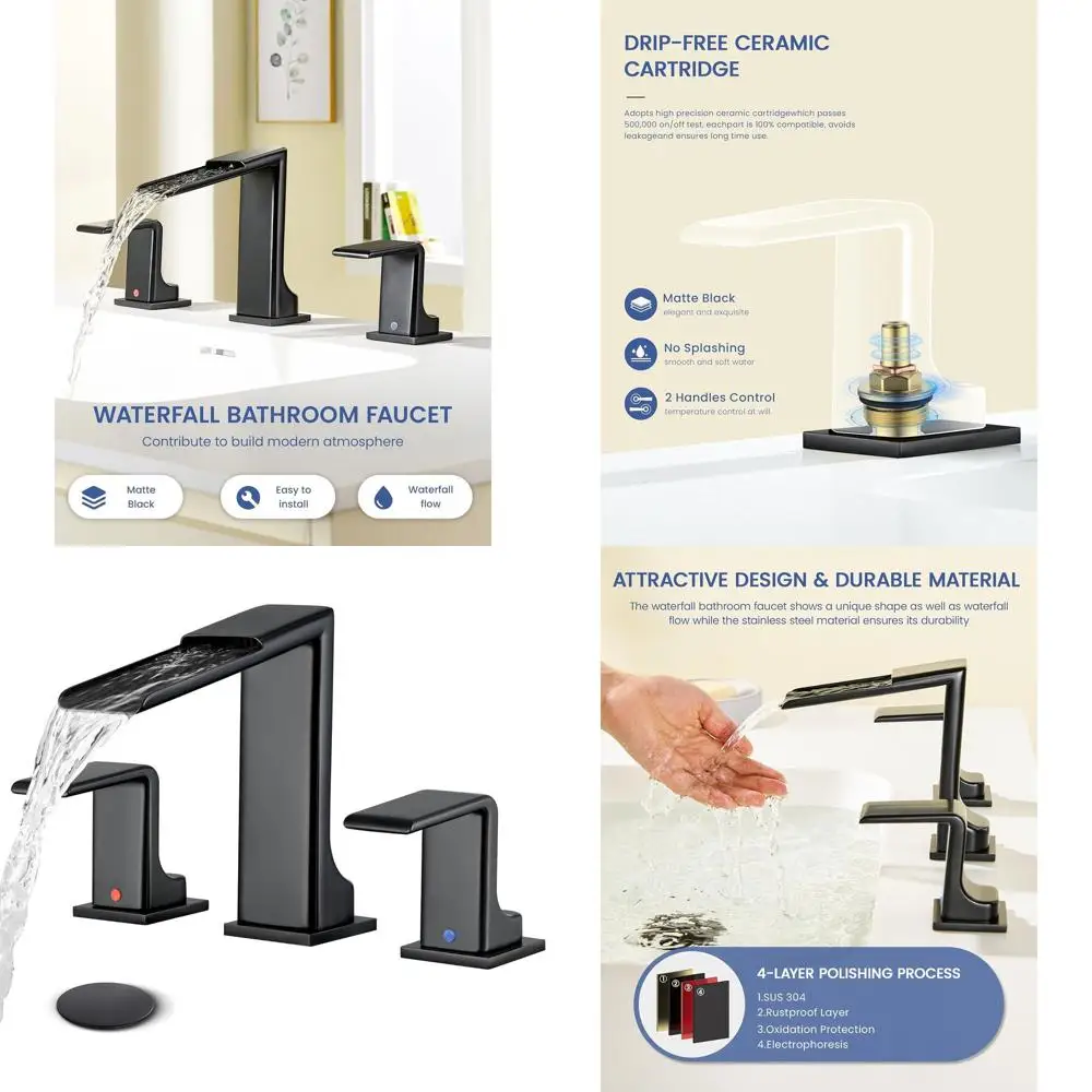 

Modern 8 Matte Black 3-Hole Widespread Bathroom Sink Faucet with 2 Handles and Pop-Up Drain for Farmhouse Style Vanity