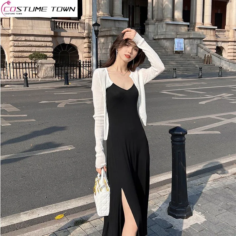 High End Minimalist Temperament Suspender Dress Two-piece Women's Clothing 2023 Spring/summer Cardigan Long Skirt