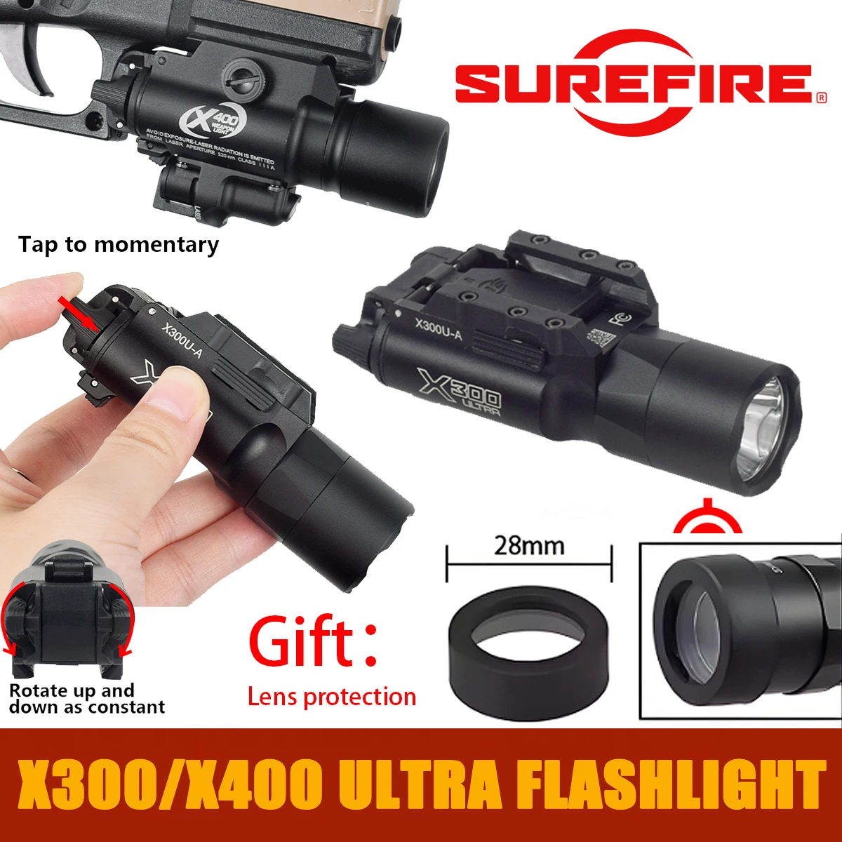 

Tactical Surefire X300 Ultra X400U LED Scout Light For Pistol Glock 17 19 Fit 20mm Rail Airsoft Hanging Hunting Flashlight
