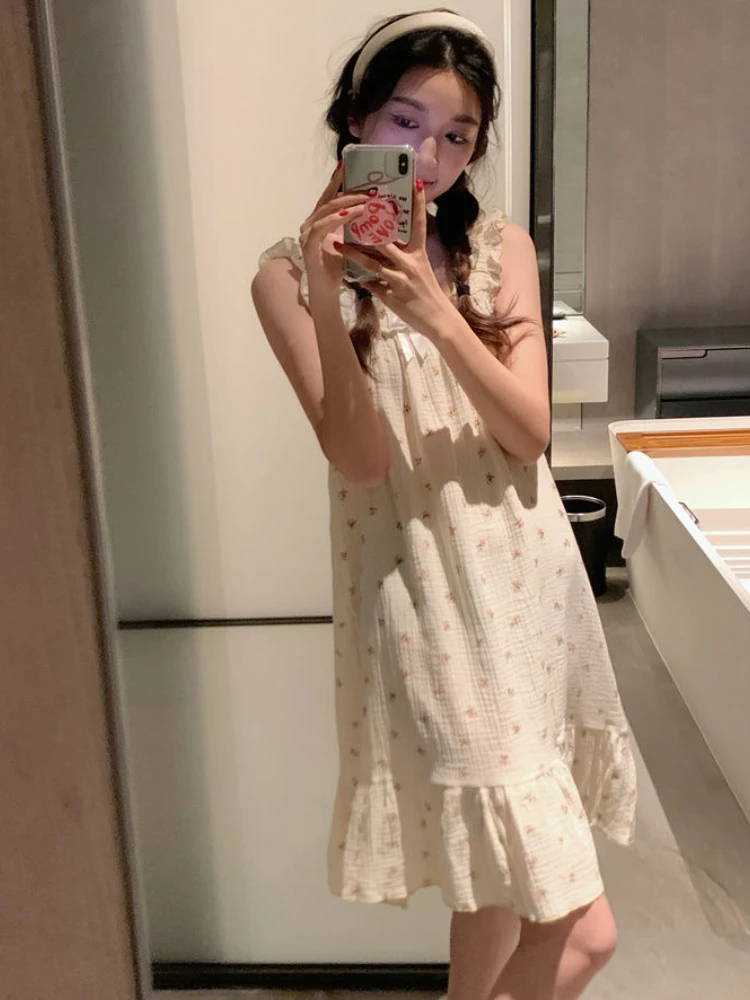 

Ночные рубашки с цветочным принтом, женская домашняя одежда, повседневная милая летняя одежда с оборками, свободные свободные рубашки без рукавов в корейском стиле, модные S-5XL, студенческий девичий шик