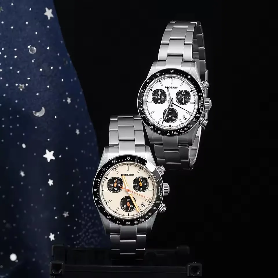 BODERRY ساعة كرونوغراف رجالية 40 مللي متر كوارتز ساعة اليد التيتانيوم حافظة وحزام 100 متر مقاوم للماء الياقوت مضيئة العسكرية VK68 Mov