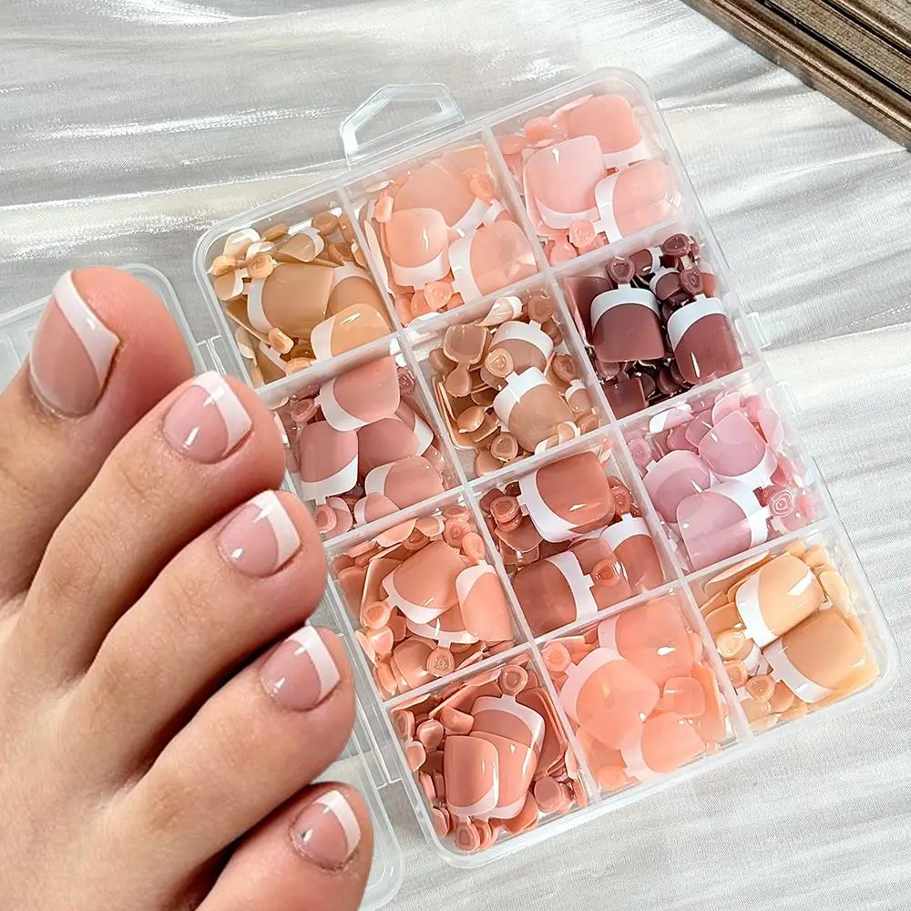 

216/288Pcs Short Square French Fake Toenails Glossy Nude Pink Press On Toe Nails Full Cover White Edge Acrylic False Toenail Tip