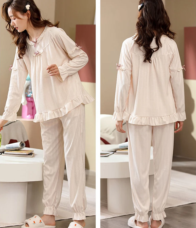 2024 New Double Sided Cotton Pajamas Women Spring Autumn Long Sleeved Sleepwear Set Loose Oversized Homewear Falbala Loungewear