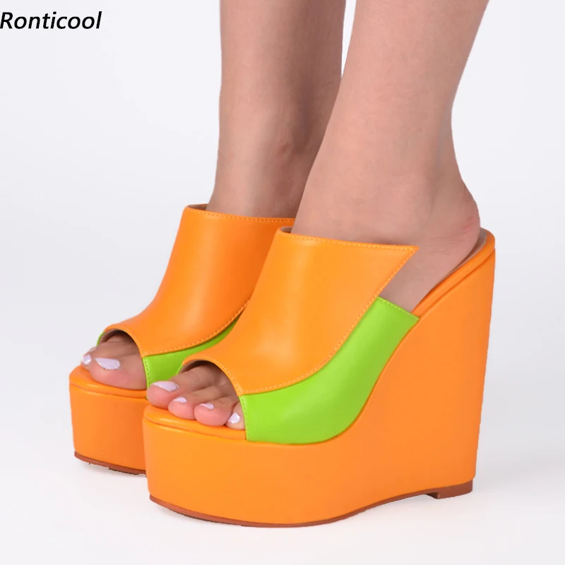 Ronticool Fashion Womens Summer Mules Sandals Stable Wedges High Heels Peep Toe Gorgeous Multi Colors Shoes US Plus Size 5-20