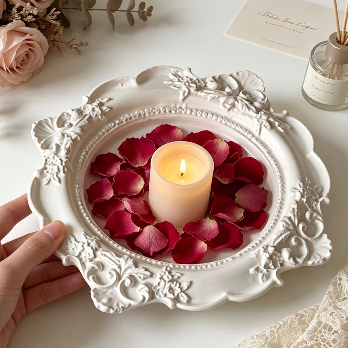 Vintage Baroque Relief Silicone Mold Lace Border Floral Tray for DIY Plaster Cement Aroma Dish Jewelry Organizer Holder Craft