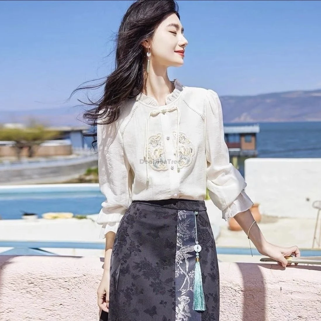 2024 chinese style embroidered temperament chiffon top romantic flounce design lady blouse retro versatile loose tang suit top