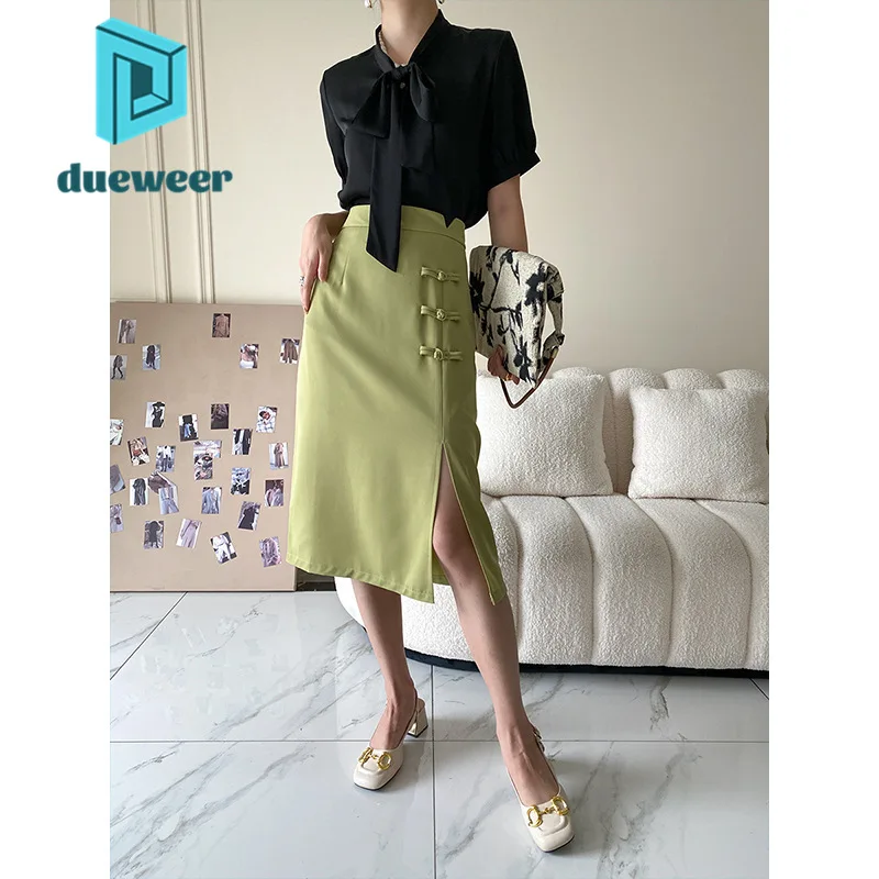 

DUEWEER Buckle High Waist Slit A-Line Skirts Women Summer 2022 Green Chinese Fashion Elegant Cheongsam Skirt Fairy Grunge Outfit