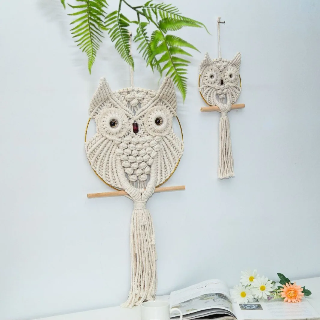Bohemian Craft Owl Decoration Handmade Woven Room Decor Wall Tapestry Hanging Scroll Nordic Style Cotton Plant Floral Pattern