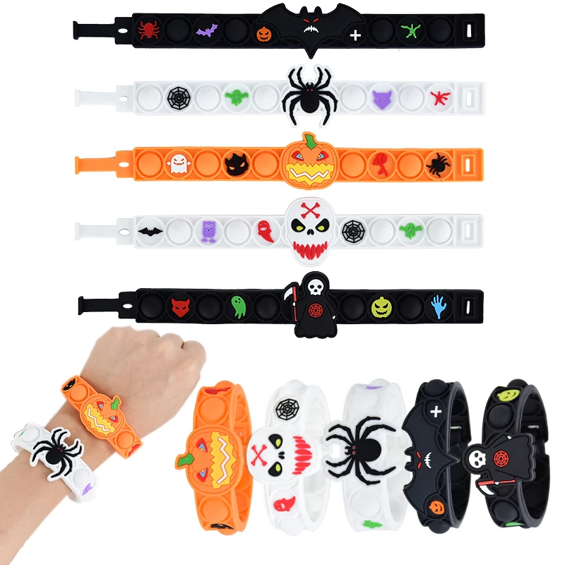 

5pcs Halloween Silicone Bracelet Cartoon Pumpkin Skull Ghost Spider Bat Wristband Halloween Party Supplies Kids Birthday Gifts