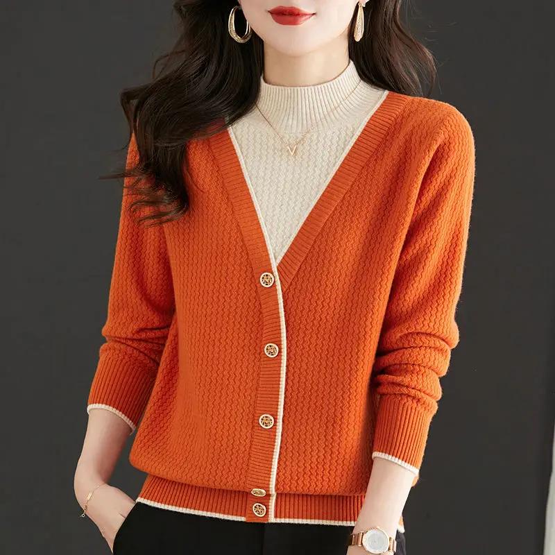 Women Clothing New Korean Style Patchwork Elegant Knitted Sweater Autumn Winter Half High Collar Long Sleeve Loose Pullover Tops