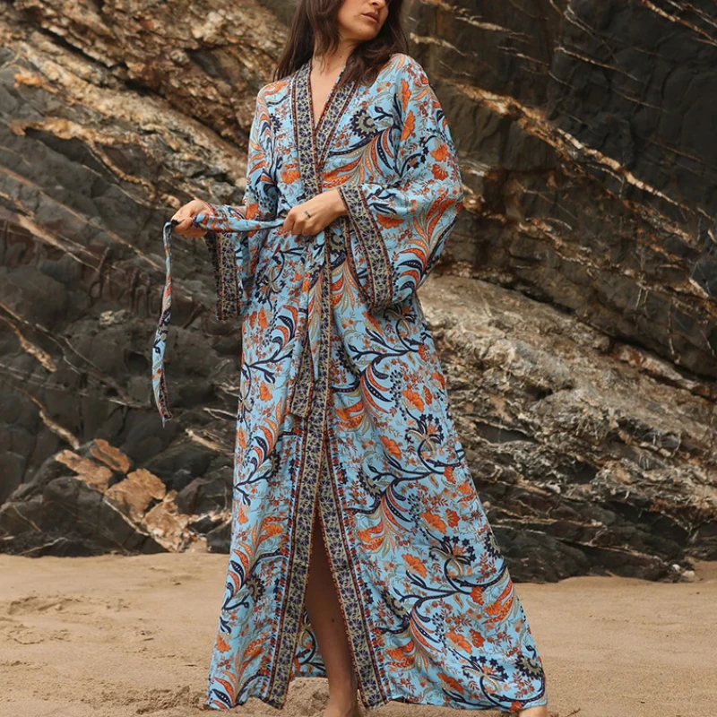 Cotton Rayon Cover-up Kimono Summer Dress Women Robe For Beach Outfits Boho Bikini Cover Up Vestidos Loose Oversize Long Blusas