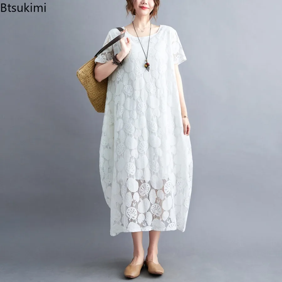 

Vintage Short Sleeve O-Neck Lace Plus Size Summer Dresses for Women 2025 New Casual Loose Long Ladies Solid Color Elegant Dress