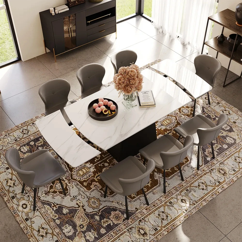 ！@Luxury Extendable Dining Table Set 6 Chairs Guangdong Furniture Factory Slate Stone Transformer Dining Table Set 6 Seater