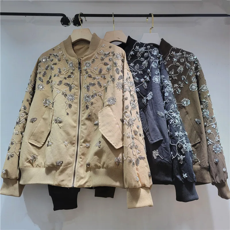 SuperAen 2025 Autumn and Winter New Embroidered Flares Flower Stand-up Collar Baseball Jacket Women Loose Casual Fashion Coats