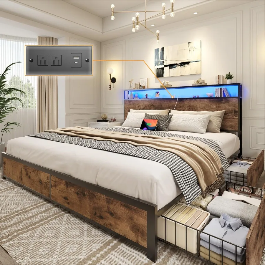 إطار سرير كينج مع إطار سرير بمنصة معدنية للتخزين بطبقتين مع 4 أدراج تخزين مدمجة في محطة شحن LED ضوضاء