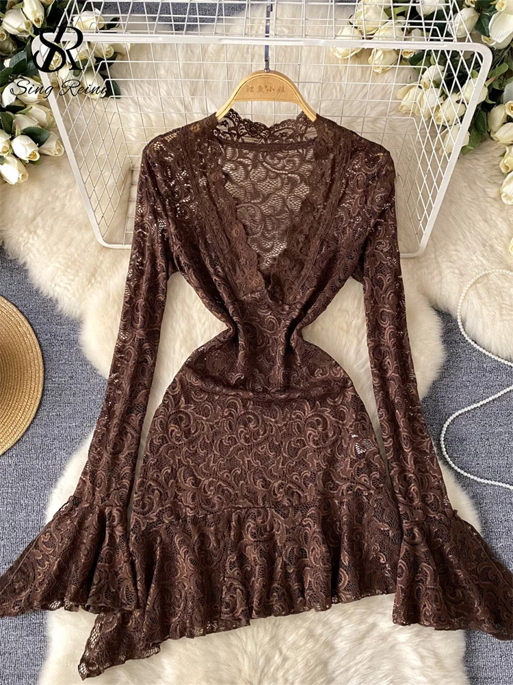 SINGREINY Fashion Sexy Club Lace Dress Ladies 2024 V-Neck Long Flared Sleeve Bodycon Sheer Chic Summer Irregular Ruffles Dress