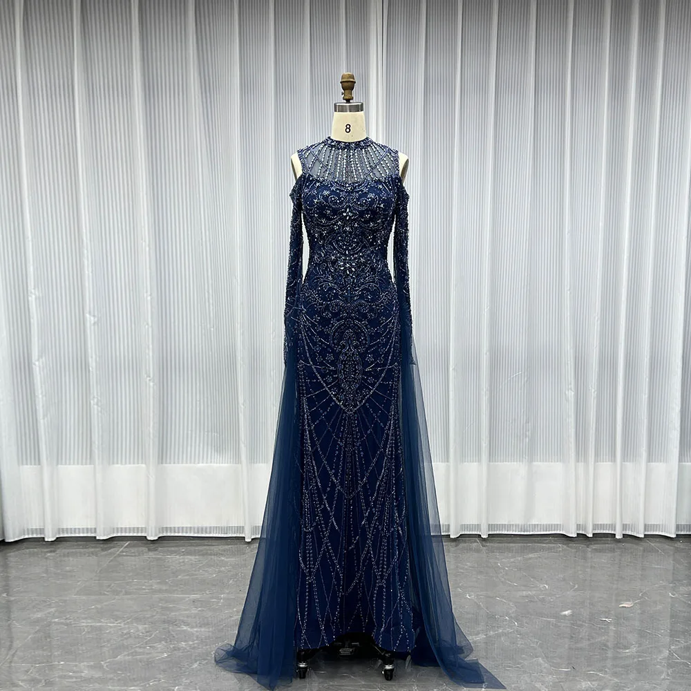 

YQLNNE Navy High Collar Embroidered Crystals Evening Dresses Mermaid