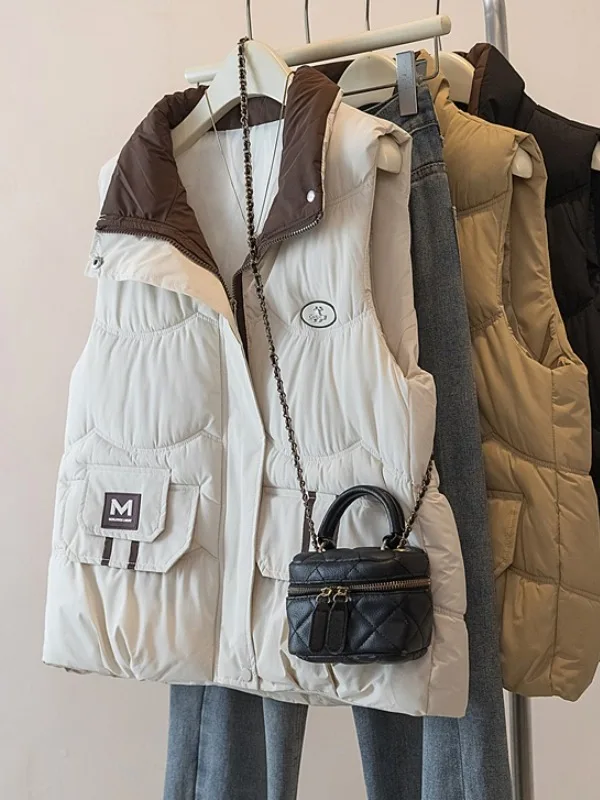Fashionable Warm Cotton Vest Women's Loose Large Size Stand Collar Label Patchwork Outerwear City Walk Travel Shopping Home