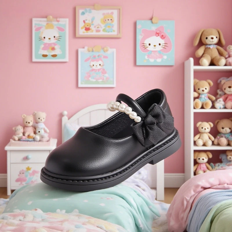 

Girls Mary Jane Shoes 3-18 Years Old Beige Pearl Bow Girls Single Shoes Four Seasons Black Fashion with Children's Leather Shoes