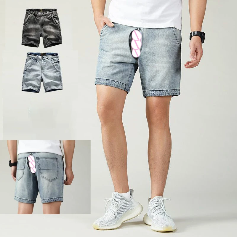 Invisible Open Crotch Outdoor Sex Summer Slim Fit Denim Shorts Men's Retro Casual Pants Denim Y2k Cargo Bottoms Streetwear Blue