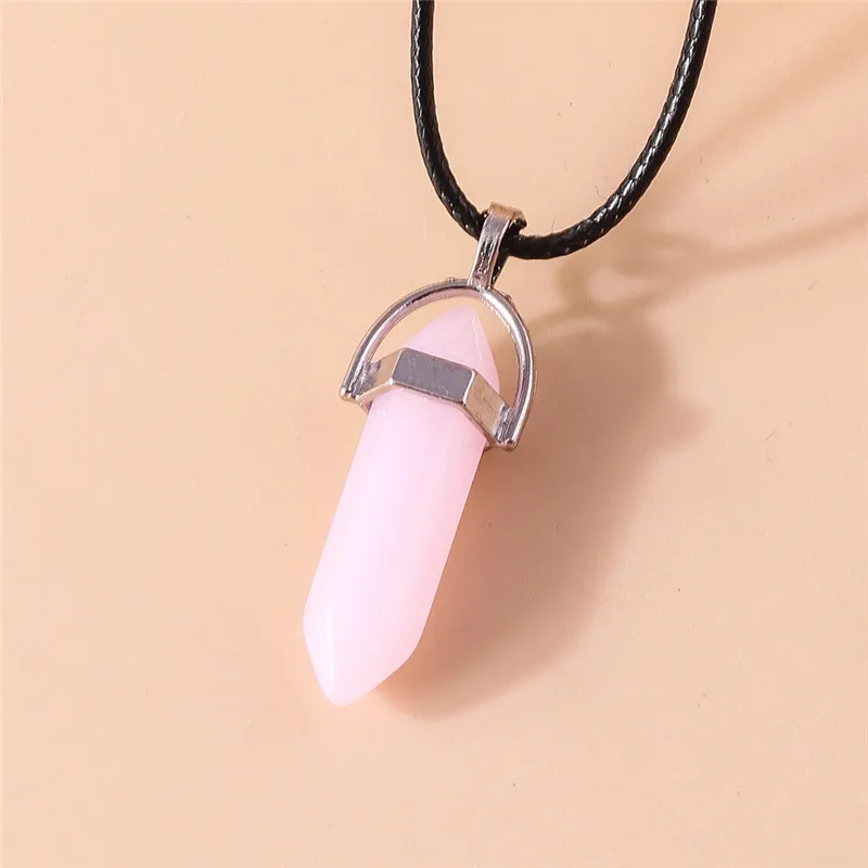 Naturstein Quarz Lapis Opal Amethyst Rosa Kristall Stein Sechseckige Säule Anhänger Halsketten Leder Kette Kugel Halskette – Detail 13