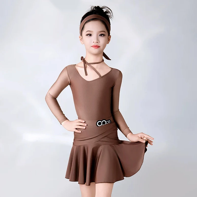 Girl Latin Dance Outfit Long Sleeve Bodysuit Ruffle Skirt Kid Salsa Chacha Practice Dance Costume Brown Performance Wear AMY4229
