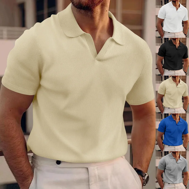 2024 Sommer neue Polo kragen Casual Fashion Herren bekleidung schwere Waffel Kurzarm einfarbig Casual vcollar polos hirt – Detail 24