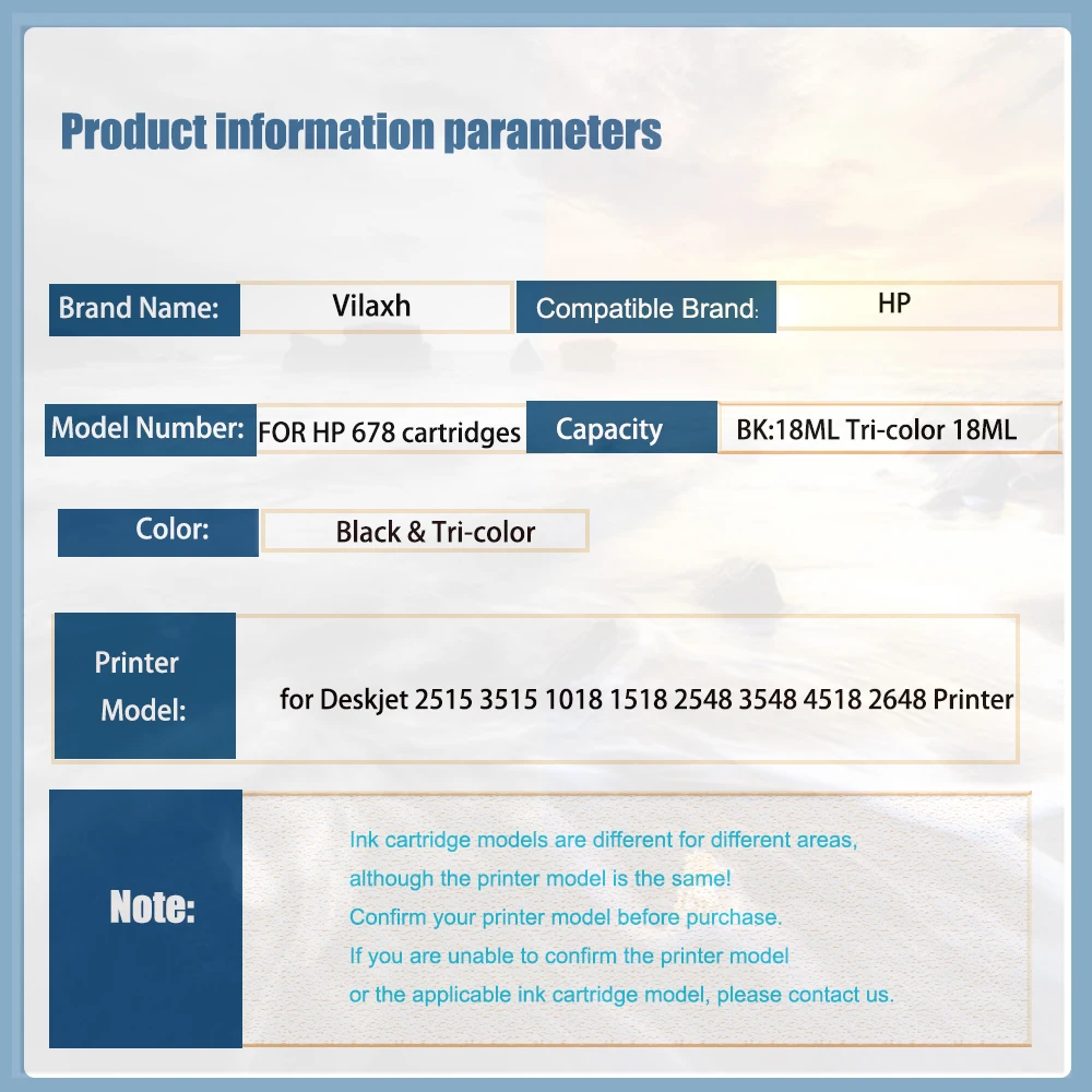 مجموعة خرطوشة حبر Vilaxh 678 متوافقة مع خرطوشة حبر HP 678 XL لطابعة Deskjet 2515 3515 1018 1518 2548 3548 4518 2648