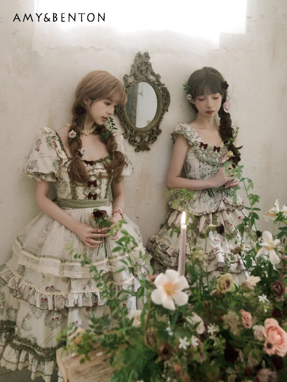 Robe de tempérament élégante Lolita pastorale, rétro, imprimé de dessin animé, manches à bulles, haut court, taille élastique, jupe gracieuse, robes OP