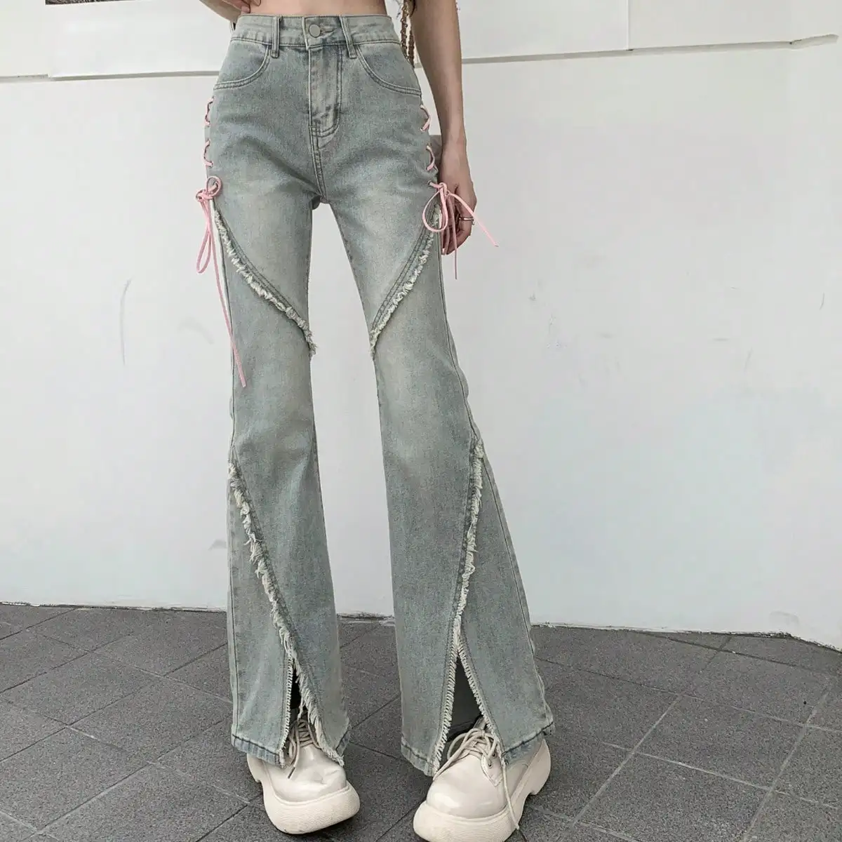 Korean Chic Sexy Strappy Slit High-Waisted Bootcut Jeans Retro Sense of Design Design Niche Flared Pants