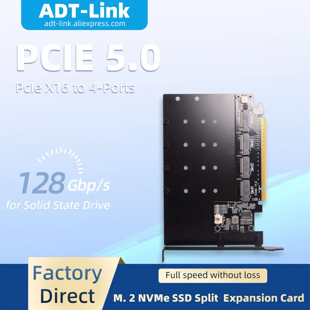 

ADT-Link 128Gbps PCIE 5.0 Gen5 x16 to 4-Port Card M.2 NVMe Hard Drive Split Adapter Expansion Card with Fan Gaming Accessories