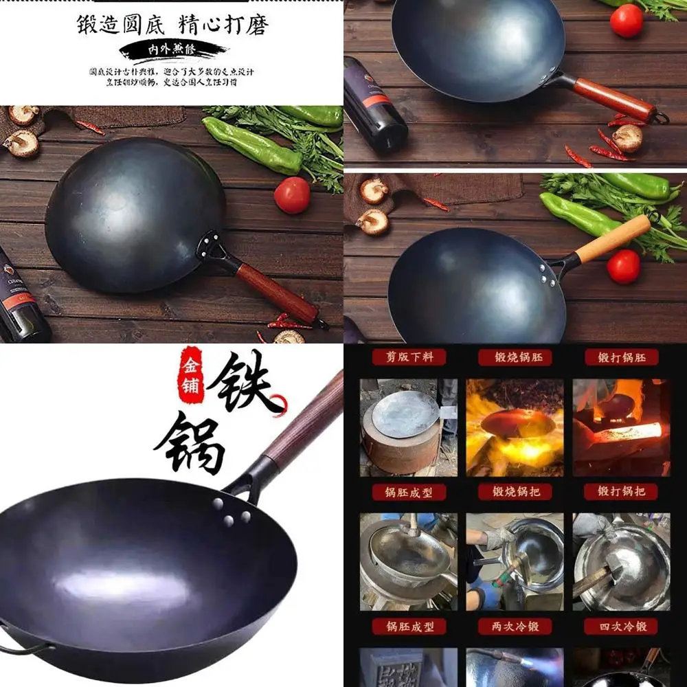 

100% китайский железный вок ручной работы с антипригарной поверхностью, деревянной ручкой, 36 см для жарки