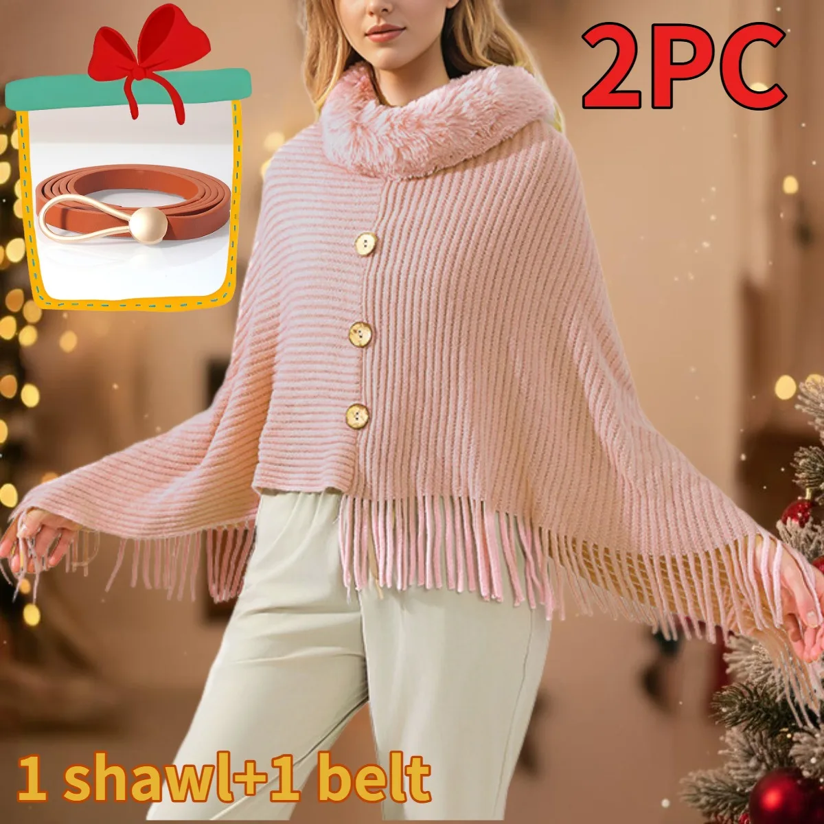 

Two piece set, women's shawl belt combination solid color tassel shawl pullover paired with caramel belt practical and beautiful