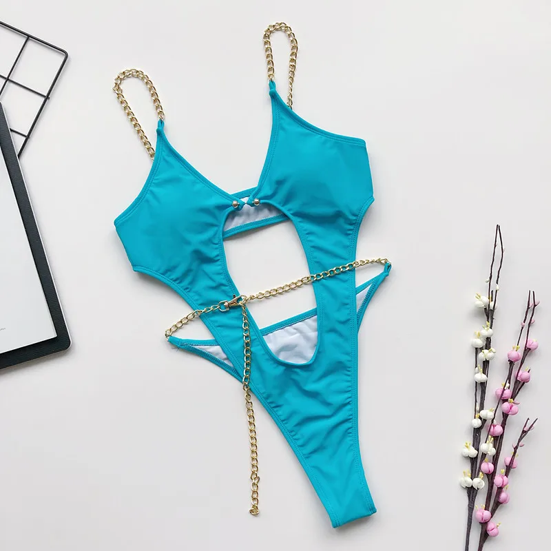 Sexy Solid One Piece Swimsuit with Gold Chain, Hollow Out Trikini Swimsuit Women Swimwear Cutout Bathing Suit Beachwear 2026 New