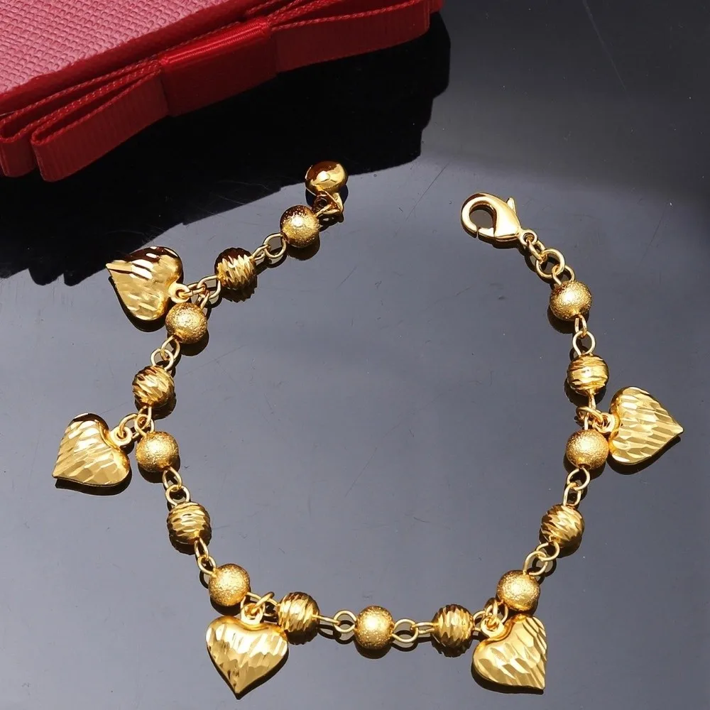 

Elegant Heart Charm Hand Chain 4mm Width Jewelry Gold Pendant Bracelets Gifts Heart-shaped Bell Multi Bead Cuban Chain Daily