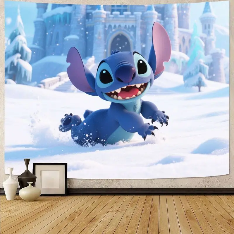 

1PC Disney Stitch Snowy Wonderland Tapestry Cute Cartoon Wall Hanging for Bedroom Living Room Decor Gift for Fans