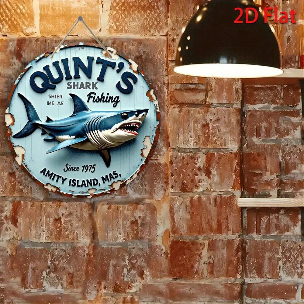 2D Flat/2D Flat Plane/1pc 2D Printed Wooden Sign/1pc Quint Shark Fishing Vintage Sign - 5.9-Inch Round Rustic Wooden Wall Art wi
