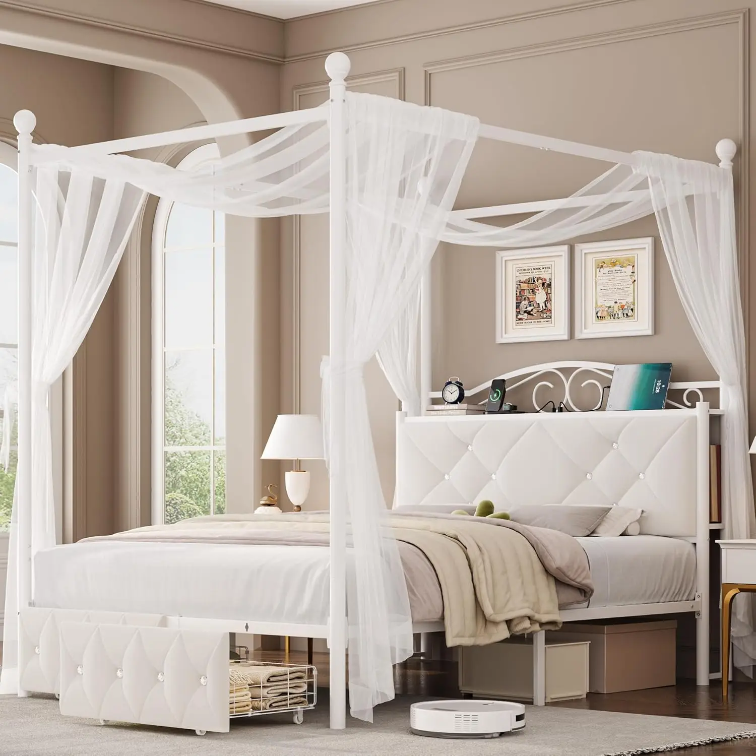 

Каркас кровати с мягким балдахином и 2 ящиками. Изголовье хранения с хрустальной тафтинговой обивкой. Кровать на металлической платформе с зарядной станцией. 4 съемных.