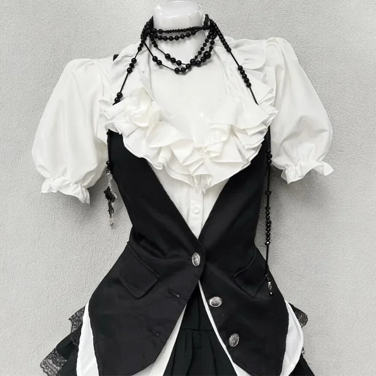 Y2k – chemise à manches bouffantes à volants pour femmes, gilet ajusté noir + jupes gâteau taille haute, ensembles trois pièces, nouvelle collection été 2025