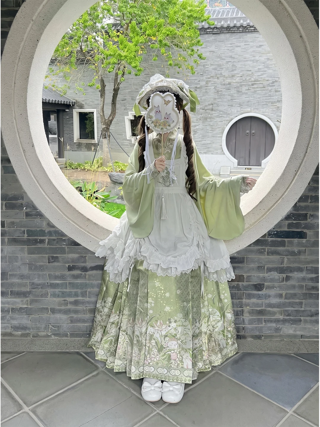Adorable Green Hanfu Women's Style Stand Collar  Tailed Skirt Lolita Sweet Cute Traditional Chinese Costume Set