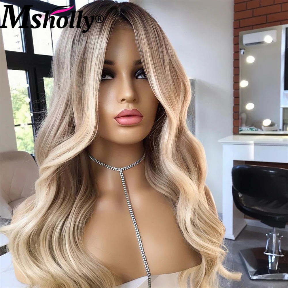 Misty Beige Blonde Ombre Hightlight 13x6 Lace Front Wigs Human Hair Pre Bleached Pre Plucked Lace Frontal Remy Human Hair Wig