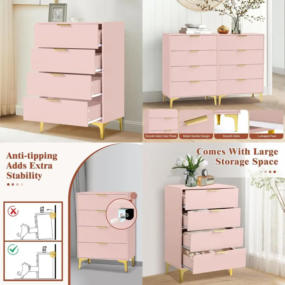 4 drawer dressers for bedroom, wood dresser with golden handles, storage chest cabinet organizer unit, chest of drawers for livi